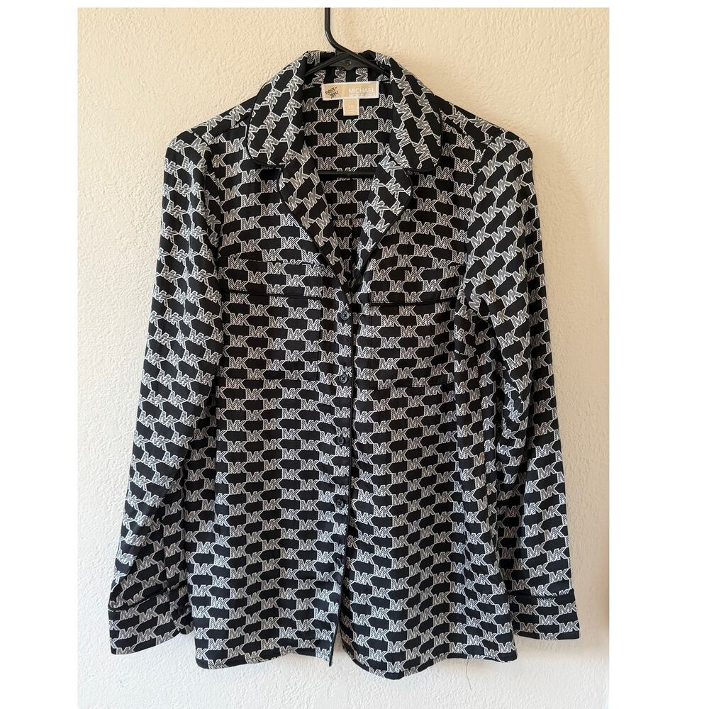 Womens Michael Kors long Sleeve Button Up Black White Logo Dress Blouse Top XS